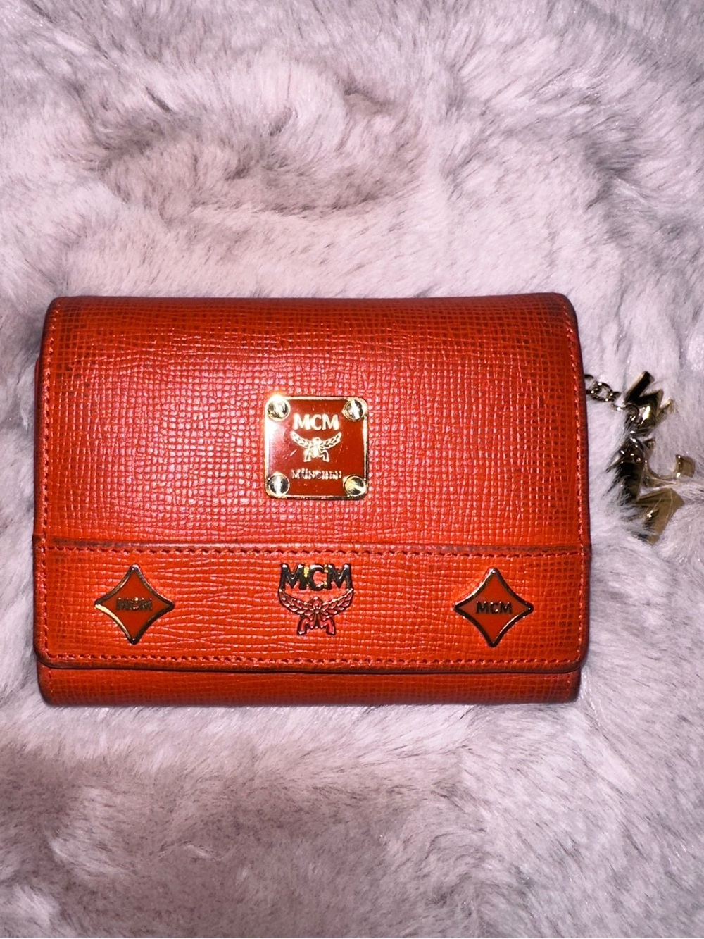 MCM Orange Trifold Wallet w/ Charm Leather